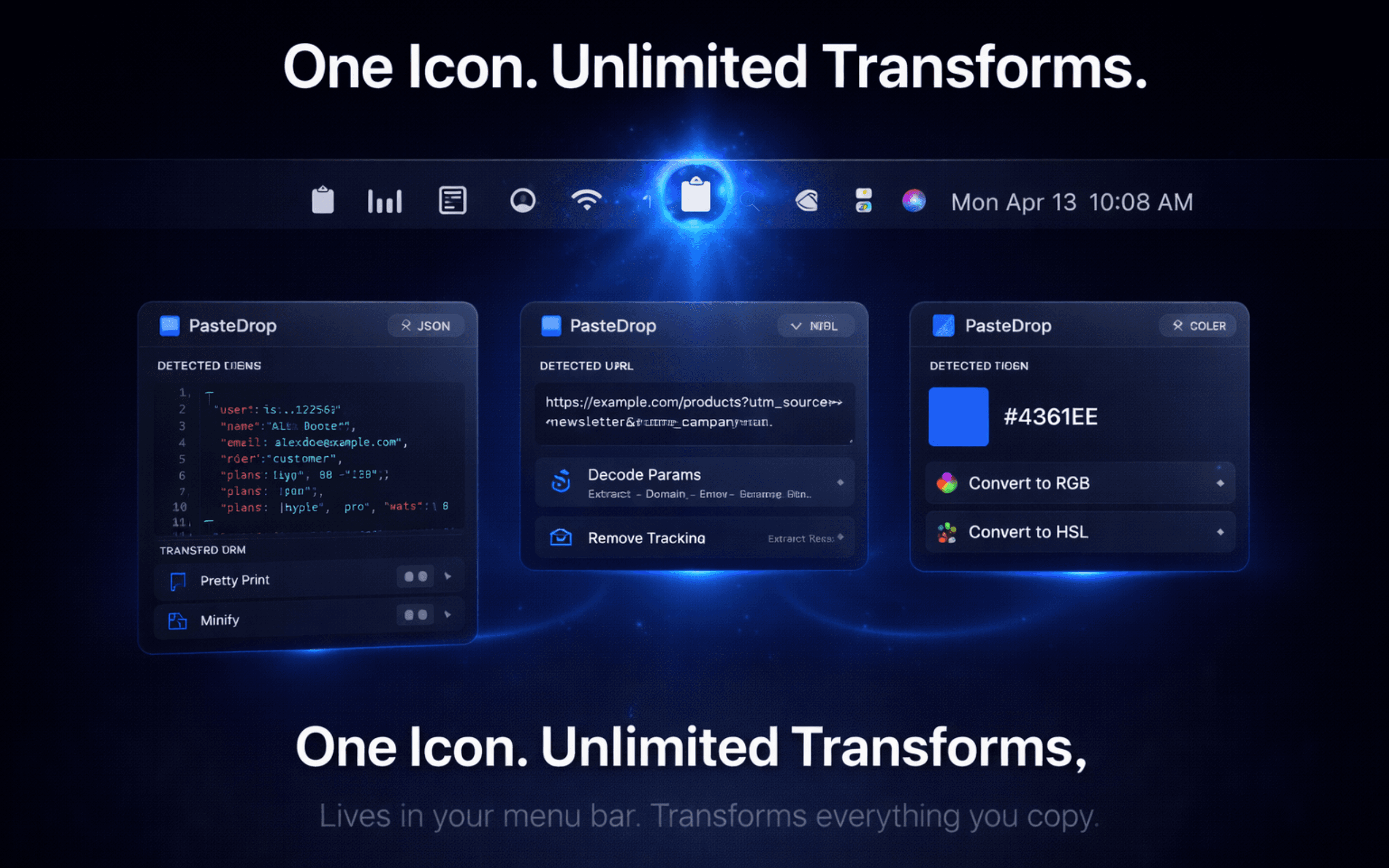 PasteDrop main menu-bar interface showing content-type-specific transforms