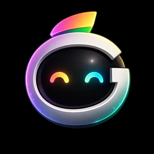 G mascot icon: dark spherical head with rainbow G-shaped arc ring and happy arc eyes