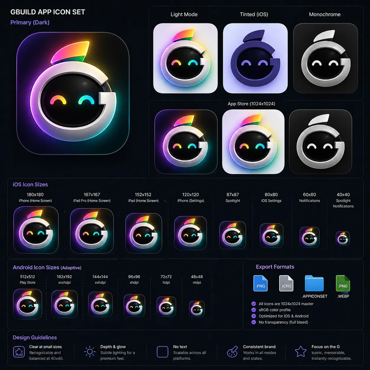GBuild app-icon export grid: Dark, Light, and Tinted variants across iOS sizes
