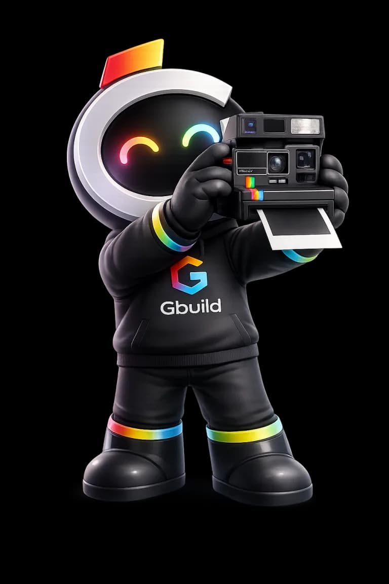 The G mascot in full: a dark chibi robot with a rainbow G-shaped ring face, a small flag on its head, rainbow-cuffed arms and legs, a Gbuild hoodie, holding a Polaroid-style instant camera