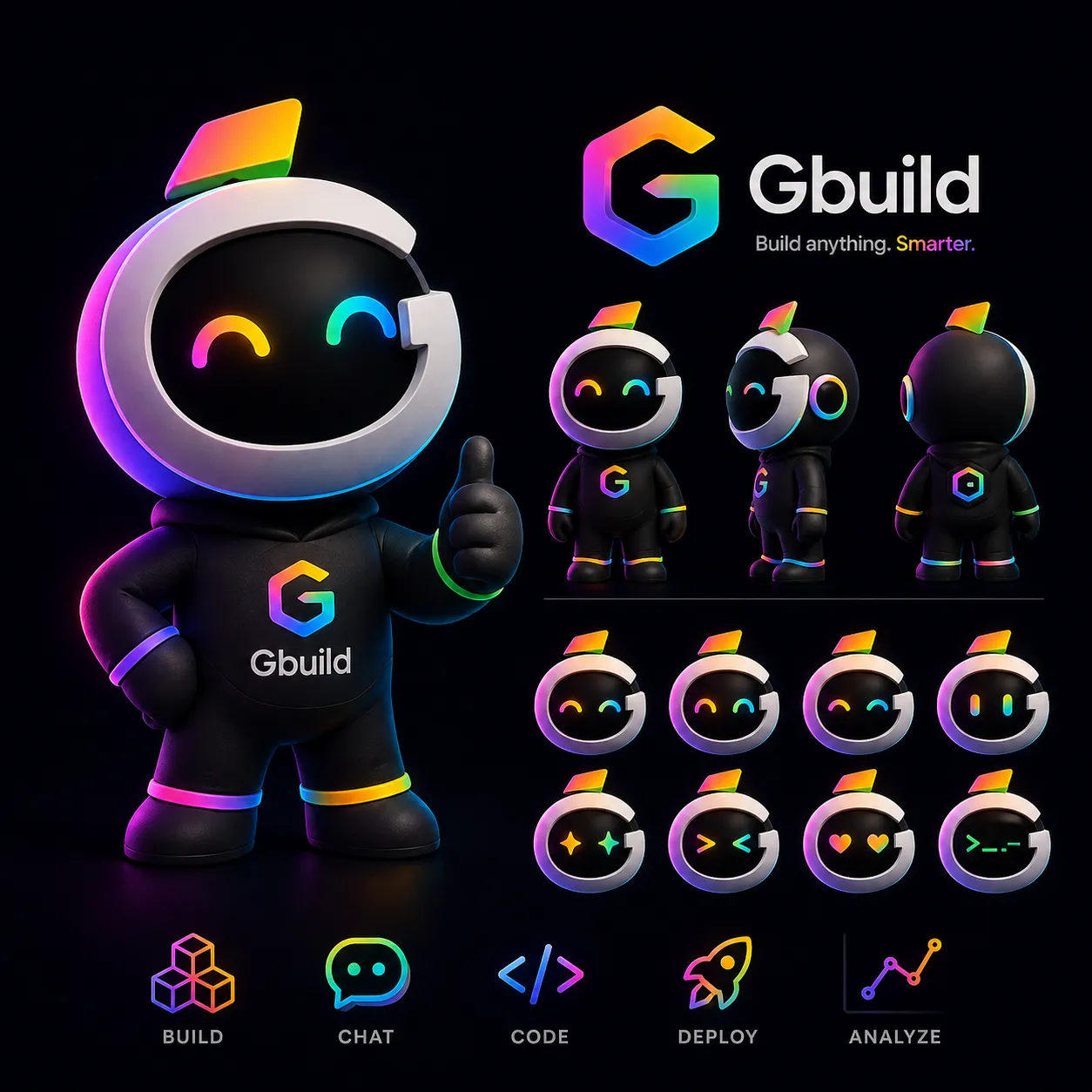 GBuild 3D mascot in a thumbs-up pose alongside the Gbuild wordmark and five capability icons: Build, Chat, Code, Deploy, Analyze