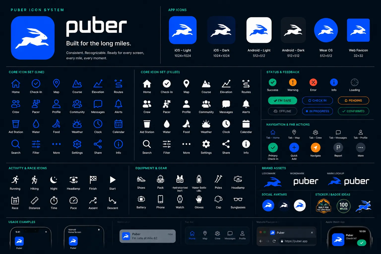Puber icon system board: logomark, wordmark, tagline, app-icon variants, icon sets, and UI mockup