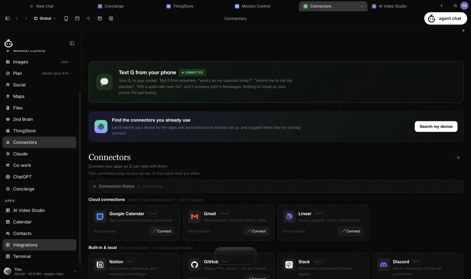 GBuild's Connectors surface: OAuth and MCP-badged connector cards for Google Calendar, Gmail, Linear, Notion, GitHub, Slack, and Discord, with consent-first copy that connections stay on your device