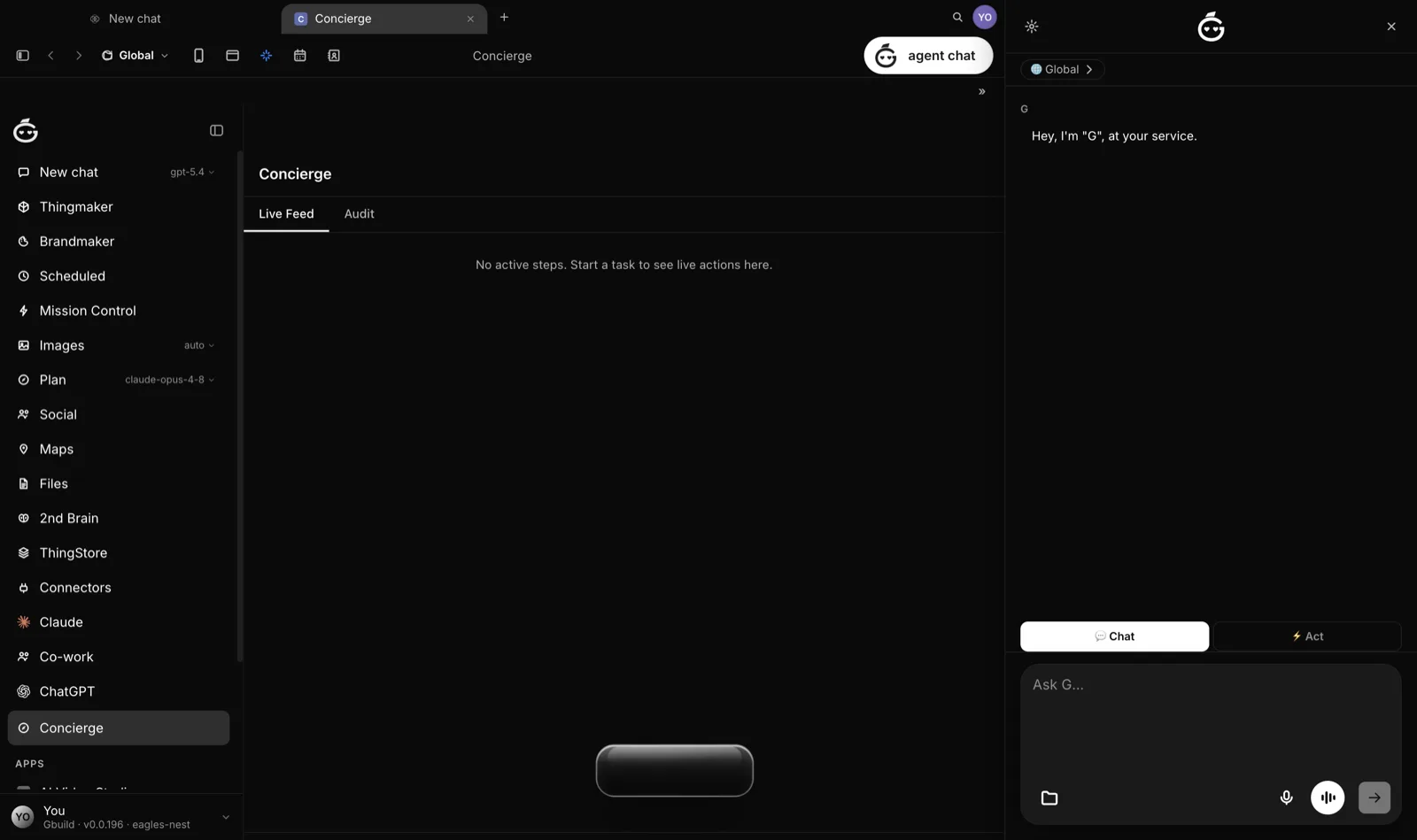 The GBuild Lattice shell in the pre-release build: a sidebar with Thingmaker, Mission Control, Maps, Second Brain, and ThingStore, the Concierge live feed in the center, and the G agent chat drawer open on the right