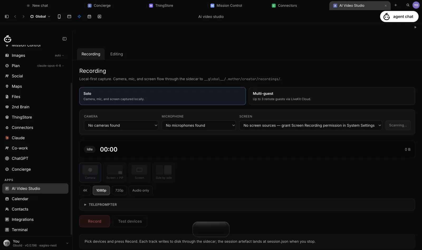 The GBuild AI Video Studio recording tab: solo and multi-guest modes, camera, microphone, and screen device pickers, layout presets from camera-only to side-by-side, quality presets from 4K to audio-only, and a teleprompter, captured in a sandboxed development build with no devices granted