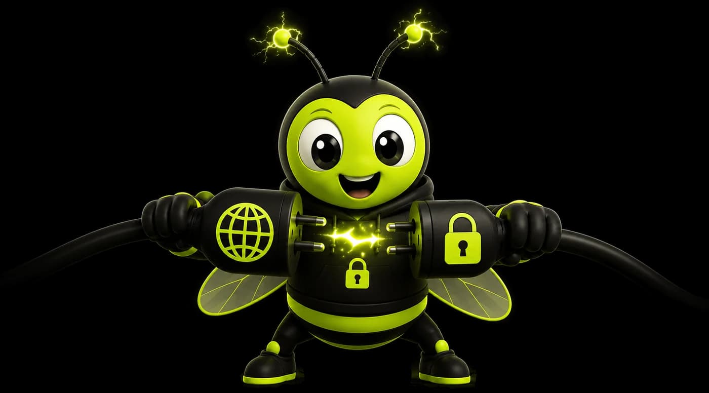 The Latch mascot holding two cable connectors together, one end marked with a globe and the other with a padlock, with a lime spark where they join.